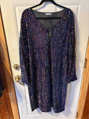 New With Tags IN VOLAND Sequin V-Neck Party Dress - Iridescent Black 26W